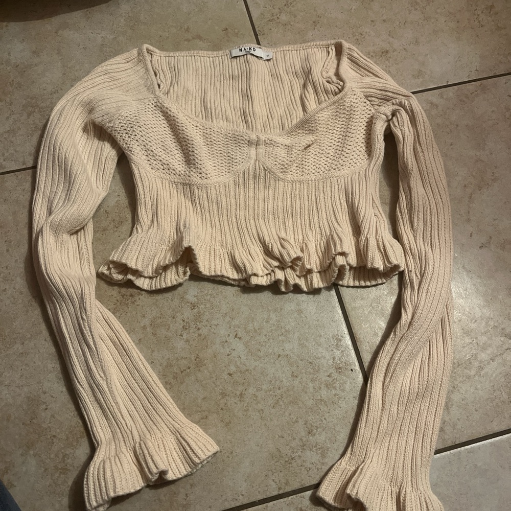 Cream Ribbed Bell Sleeve Crop Top